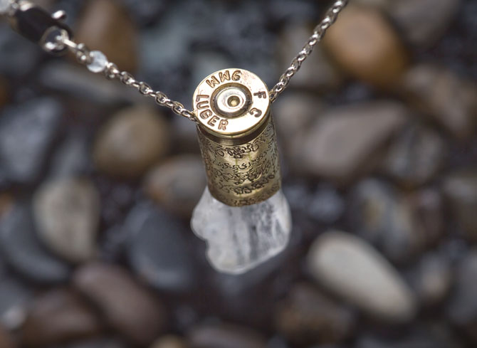 Hiddenite Bullet Shell necklace